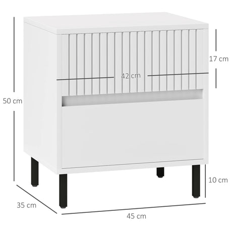 HOMCOM Simple Line Indented Two-Drawer Bedside Table Set of 2 - White