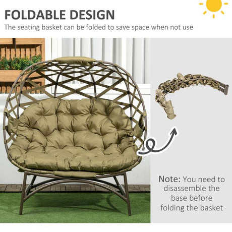 Outsunny 2 Seater Egg Chair Outdoor, Folding Weave Garden Furniture Chair with Cushion, Cup Pockets - Khaki