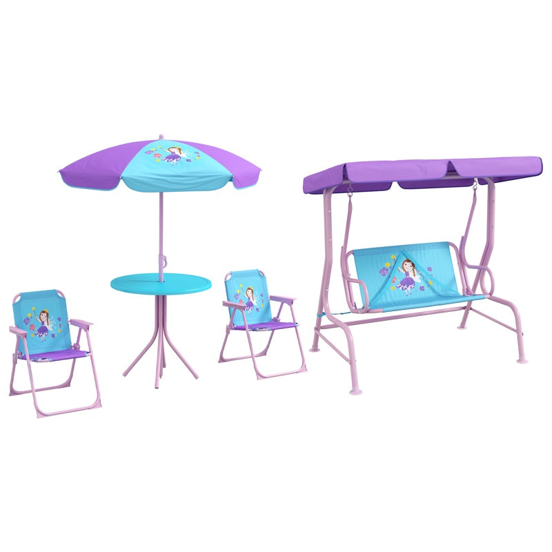 Outsunny 4PCs Kids Garden Furniture Set w/ 2 Seater Garden Swing Chair with Adjustable Canopy, Childrens Table and Chair Set with Parasol, for Toddler Girls 3-6 Years Old