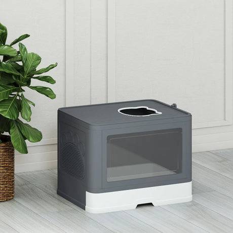 PawHut Enclosed Cat Litter Box with lid, Front Entry, Top Exit, Drawer, Tray, Scoop, Brush, 48.5 x 38 x 36.5cm - Grey