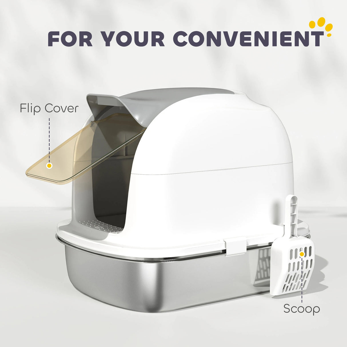 PawHut Stainless Steel Cat Litter Box with Lid, for Cats, Enclosed Cat Litter Box with Flip Cover, Scoop