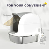 PawHut Stainless Steel Cat Litter Box with Lid, for Cats, Enclosed Cat Litter Box with Flip Cover, Scoop