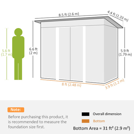 Outsunny 8.5 x 4ft Metal Shed with Lightsky Panels, Garden Storage Tool House with Double Doors for Garden, Patio and Lawn, Green