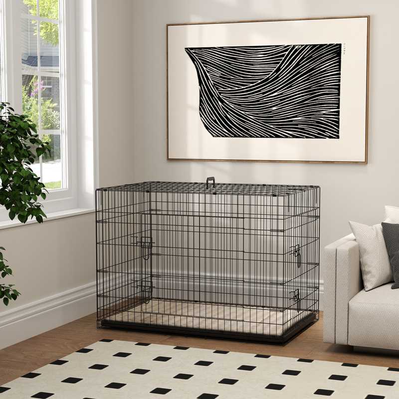 PawHut Dog Crate with 2 Doors with Tray, Soft Cushion, Foldable Metal Dog Cage for Extra and Large Dogs, 105 x 70 x 75, Black