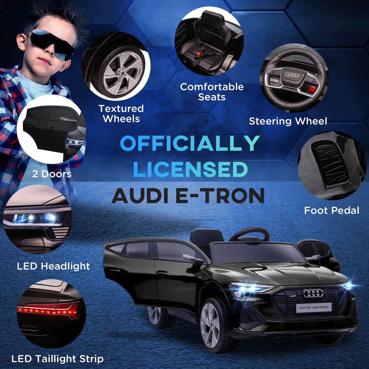HOMCOM Audi E-tron Licensed 12V Kids Electric Ride on, Electric Car for Kids, with Parental Remote, Music Lights MP3, Suspension Wheels, for 3-5 Years, Black