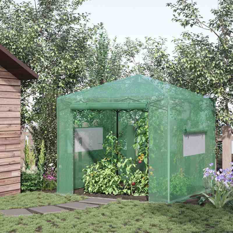 Outsunny Pop-up Small Greenhouse, Outdoor Walk-in Tomato Greenhouse with Carrying Bag, PE Cover, Steel Frame, Green, 2.4L x 1.8W x 2.4H m