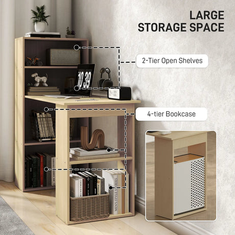 HOMCOM 120cm Computer Desk, Wooden PC Laptop Table with 6-Tier Storage Bookshelves, Home Office Working Study Desk, Writing Workstation, Natural Wood