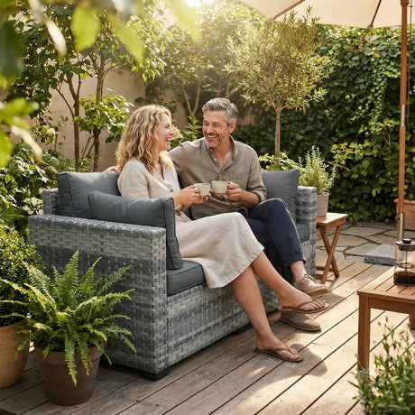 Outsunny 2 Seater Rattan Sofa, Outdoor Garden Sofa with Deep Seat, Cushions, Wide Armrests for Patio, Balcony, Porch, Mixed Grey