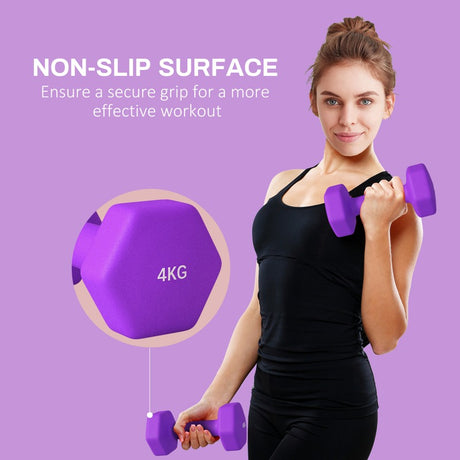 SPORTNOW 2 x 4kg Hexagonal Dumbbells Weights Set with Non-Slip Grip for Home Gym Workout, Purple