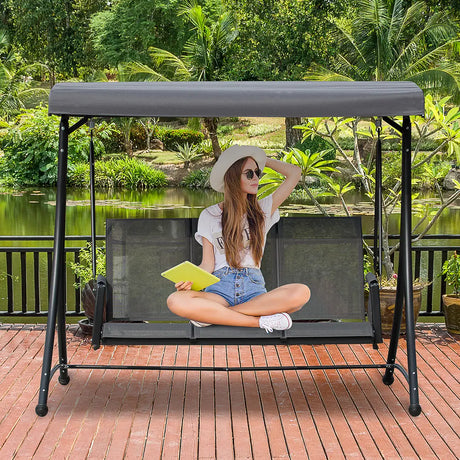 Outsunny 3 Person Outdoor Patio Porch Swing Chair with High Back Design, Side Pouches and Adjustable Canopy, Charcoal Grey