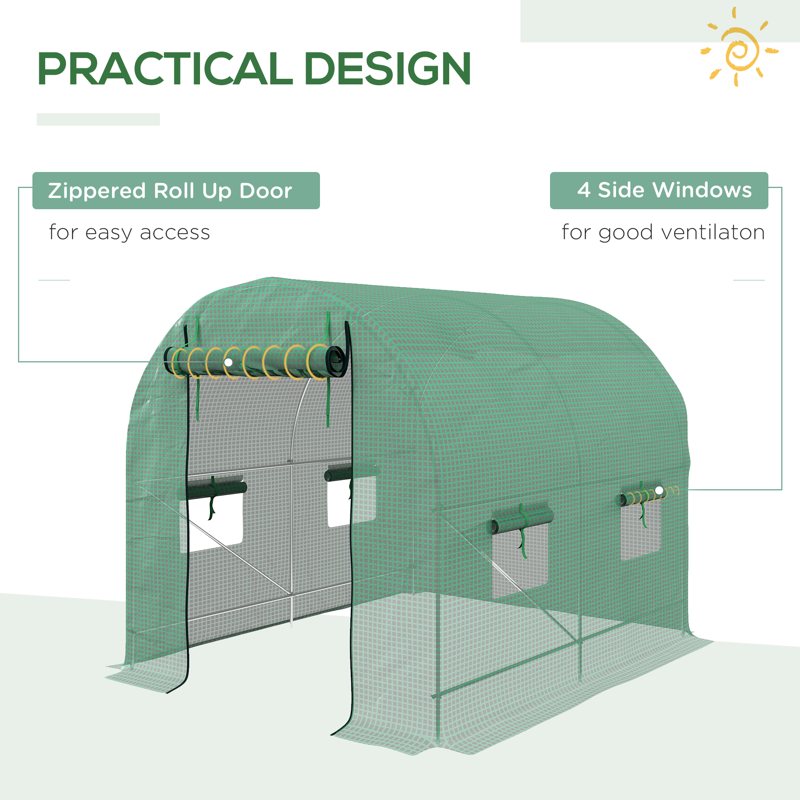 Outsunny Walk-In Garden Polytunnel Greenhouse with Steel Frame, PE Cover, Roll-Up Door and 4 Windows, 2.5 x 2m, Green