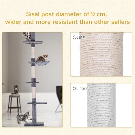 PawHut Floor to Ceiling Cat Tree Height Adjustable 230-260cm, 5-Tier Cat Tower with Scratching Post, Hammock, Perches, Climbing Activity Centre for Indoor Kittens, Grey