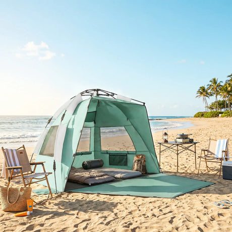 Outsunny 2-3 Person Pop Up Beach Tent, UPF15+ Sun Shelter with Extended Floor, Sandbags, Mesh Windows and Carry Bag, Green