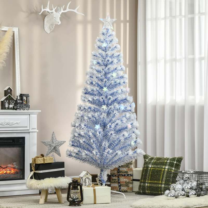 HOMCOM 6FT Artificial Fibre Optic Christmas Tree Seasonal Decoration w/ LED Lights Pre-Lit Easy Store White Blue