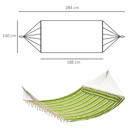 Outsunny Double Cotton Hammock Camping Swing Outdoor Garden Beach Stripe Hanging Bed with Pillow, 188 x 140 cm, 180 KG Capacity, Green