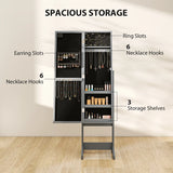 HOMCOM Free Standing Mirror Jewelry Cabinet with LED Lights, Jewellery Organiser with 3 Angle Adjustable, Full-Length Mirror with Storage for Earrings, Necklaces, Rings and Lipsticks, Grey