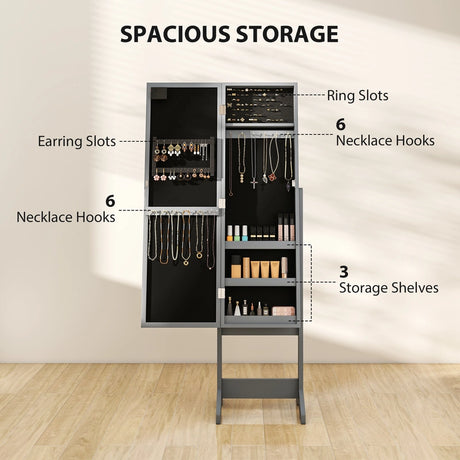 HOMCOM Free Standing Mirror Jewelry Cabinet with LED Lights, Jewellery Organiser with 3 Angle Adjustable, Full-Length Mirror with Storage for Earrings, Necklaces, Rings and Lipsticks, Grey