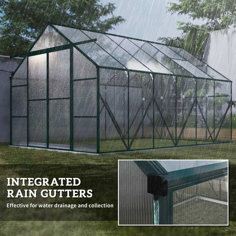 Outsunny 8 x 12ft Aluminium Greenhouse Polycarbonate Walk-in Garden Greenhouse Kit with Adjustable Roof Vent, Double Sliding Door, Rain Gutter and Foundation, Clear