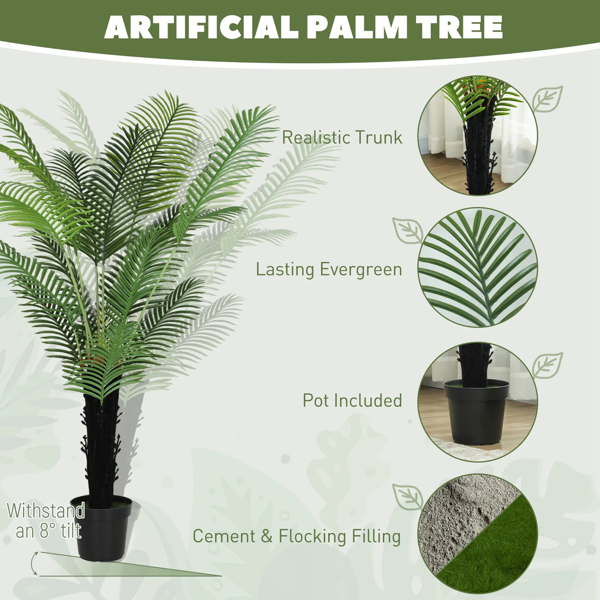 HOMCOM 175cm Artificial Areca Palm Tree with 16 PE Leaves, Decorative Artificial Plant with Plastic Pot and Flocked Soil, Fake Plant for Home Office Decor, Green