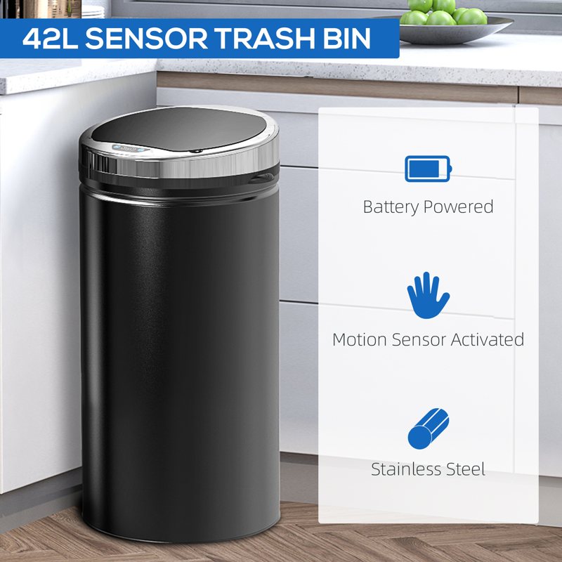 HOMCOM 42L Sensor Bin for Kitchen Waste Automatic Dustbin Motion Detection Dustbin  Stainless Steel Rubbish Can with Bucket, Black