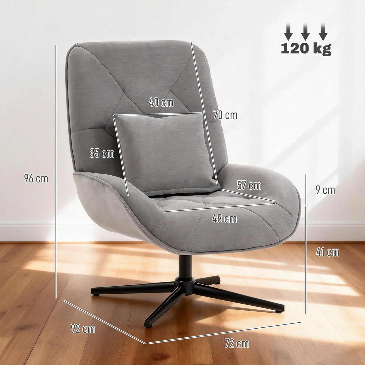 HOMCOM Accent Chair, Chenille Upholstered Swivel Armchair with Lumbar Pillow, High Back, Deep Seat and Metal Legs, Light Grey