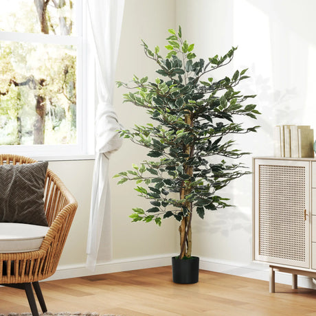 HOMCOM 4.5ft Ficus Artificial Plant with Realistic Leaves, Potted Fake Tree for Home Office Indoor Decor, Green