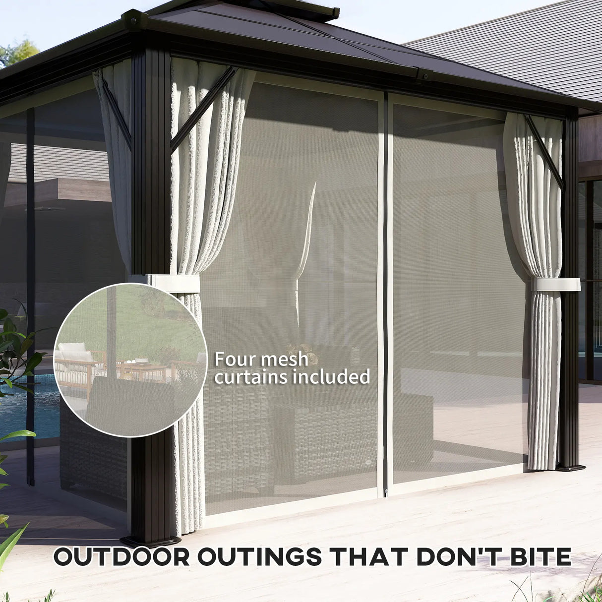 Outsunny 3 x 3(m) Hardtop Gazebo Canopy with UPF30+ Double Polycarbonate Roof, Aluminium Frame Garden Gazebo Permanent Pavilion with Mosquito Netting and Curtains for Patio, Deck, Beige