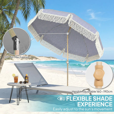 Outsunny 1.7 m Beach Umbrella with Sand Anchor, 30 Tilting Fringed Beach Garden Parasol with Adjustable Height, Blue