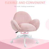 HOMCOM Makeup Vanity Chair, Cute Fluffy Desk Chair with Rolling Wheels for Bedroom Living Room, Pink