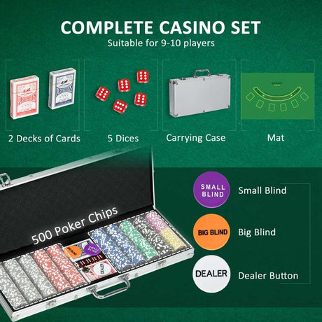 SPORTNOW 500-Piece Poker Chips Set, Poker Set with Mat, Chips, Two Card Decks, Dealer, Five Dices