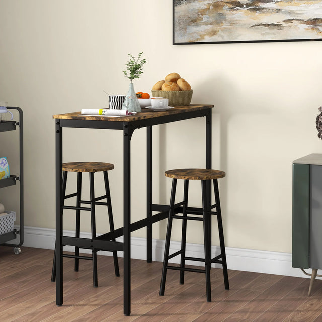 HOMCOM 3 Piece Bar Table Set with 2 Stools, Industrial Bar Table and Stool Set, Dining Table and Chair Set, Rustic Brown