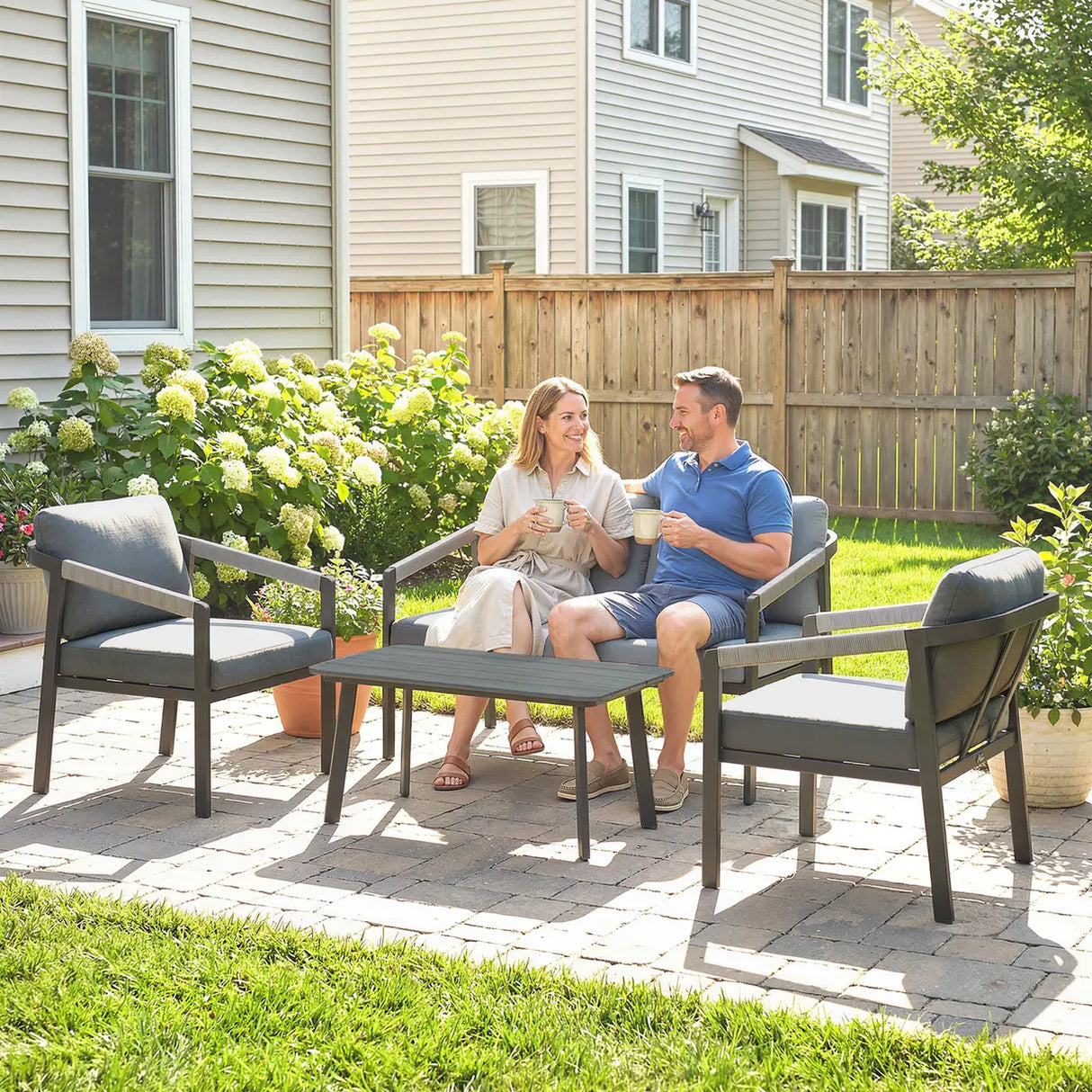 Outsunny Aluminium Garden Furniture Set, 4 Seater Outdoor Patio Furniture with Loveseat, 2 Armchairs, Slatted Table