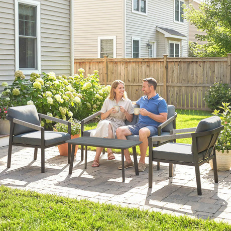 Outsunny Aluminium Garden Furniture Set, 4 Seater Outdoor Patio Furniture with Loveseat, 2 Armchairs, Slatted Table