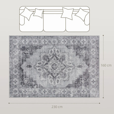 HOMCOM Vintage Area Rug, Non-Slip Washable Rug, Flannel Floor Carpet for Living Room, Bedroom, Dining Room, Home Office, 230 x 160 cm, Grey