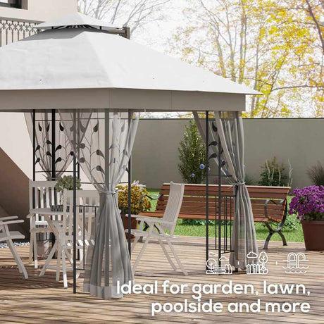 Outsunny 3(m) x 3(m)  Double Roof Outdoor Garden Gazebo Canopy Shelter with Netting, Solid Steel Frame, Light Grey