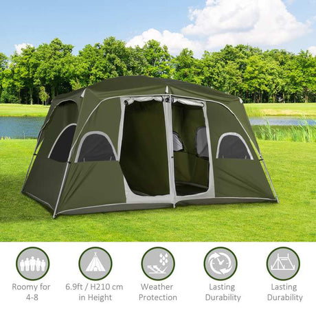 Outsunny Camping Tent, Family Tent 4-8 Person 2 Room, with Large Mesh Windows, Easy Set Up for Backpacking Hiking Outdoor, Green