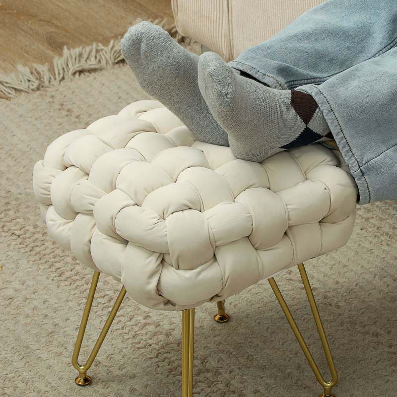 HOMCOM Velvet-Feel Bold Woven Footstool - Cream White