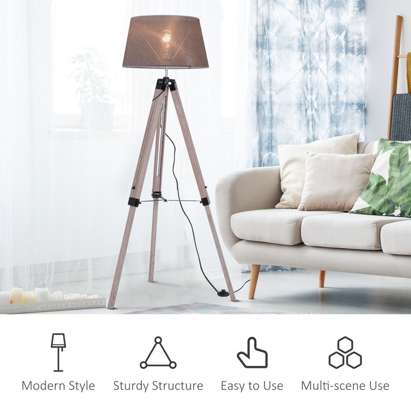 HOMCOM Tripod Floor Lamps for Living Room Bedroom, Modern Adjustable Standing Lamp with Wood Legs, Drum Fabric Shade, 99-143cm, Grey