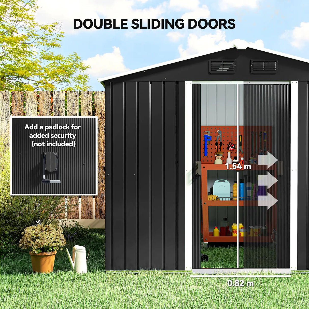 Outsunny 7.7 x 5.7ft Metal Garden Shed, Galvanised Outdoor Tool Storage House with Ventilation Slots and Sliding Doors, Grey