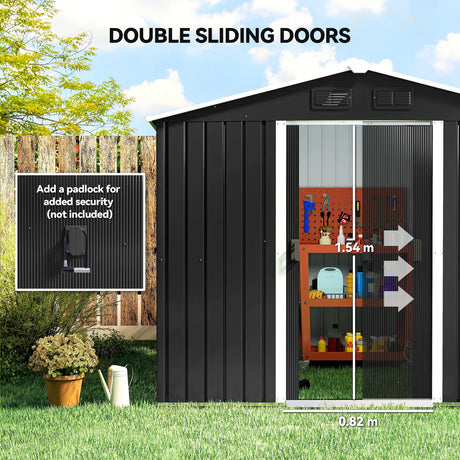 Outsunny 7.7 x 5.7ft Metal Garden Shed, Galvanised Outdoor Tool Storage House with Ventilation Slots and Sliding Doors, Grey
