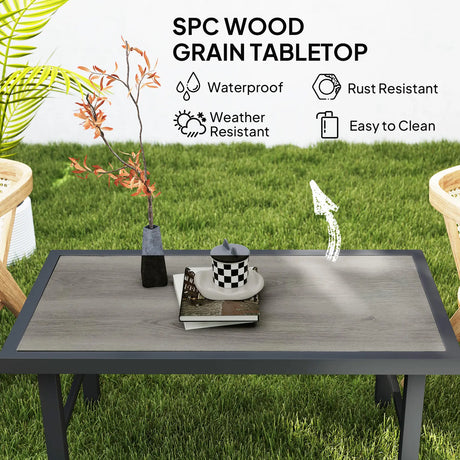 Outsunny Metal Garden Coffee Table, Outdoor Side Table with SPC Woodgrain Tabletop for Outside, Garden, Balcony, Porch, 100 x 53 x 46cm, Grey