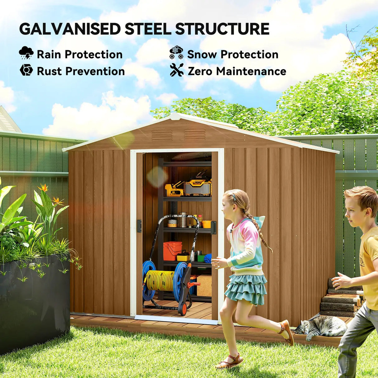Outsunny 8x6 Metal Storage Shed Galvanised Steel Frame with Sloped Roof & Double Door for Homeowners, Brown