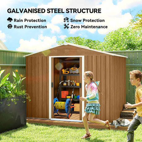 Outsunny 8x6 Metal Storage Shed Galvanised Steel Frame with Sloped Roof & Double Door for Homeowners, Brown