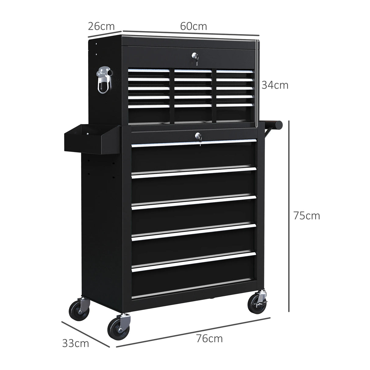 HOMCOM 14 Drawer, Two-Part Tool Storage Chest on Wheels - Black
