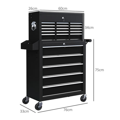 HOMCOM 14 Drawer, Two-Part Tool Storage Chest on Wheels - Black
