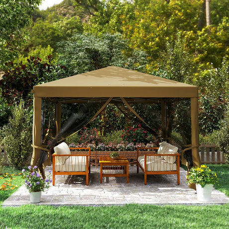 Outsunny 3 x 3 m Pop Up Gazebo, 420D Garden Tent Canopy with Removable Mesh Sidewall Netting, Carry Bag for Garden Patio Outdoor, Khaki