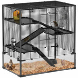 PawHut 4 Tiers Hamster Cage with Deep Tempered Glass Bottom, Hut, Running Wheel, Food Dish, Water Bottle, 78.5 x 48.5 x 80cm