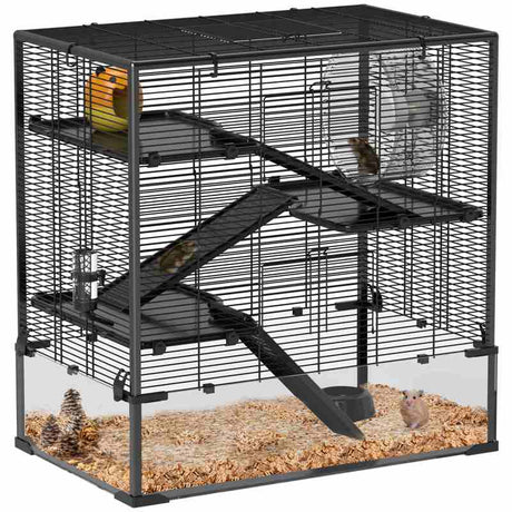 PawHut 4 Tiers Hamster Cage with Deep Tempered Glass Bottom, Hut, Running Wheel, Food Dish, Water Bottle, 78.5 x 48.5 x 80cm