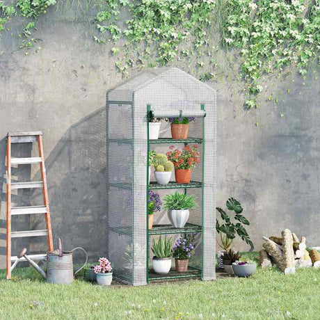 Outsunny 4 Tier Mini Greenhouse, Portable Compact Green House with Steel Frame, PE Cover, Roll-up Door, 70 x 50 x 160 cm, White