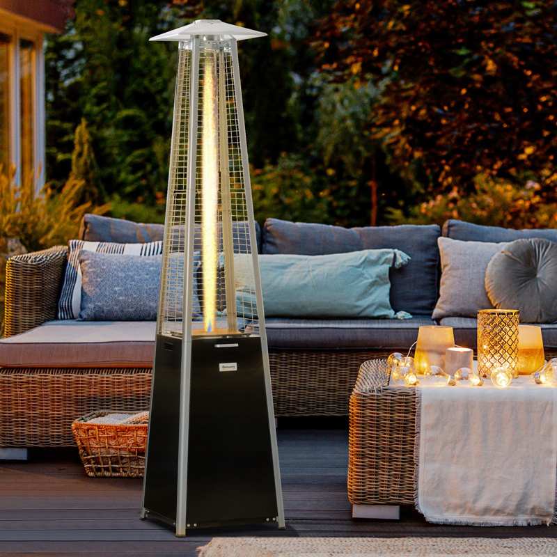 Outsunny 11.2KW Outdoor Patio Gas Heater Freestanding Pyramid Propane Heater Garden Tower Heater with Wheels, Dust Cover, Regulator and Hose, Black, 50 x 50 x 225cm